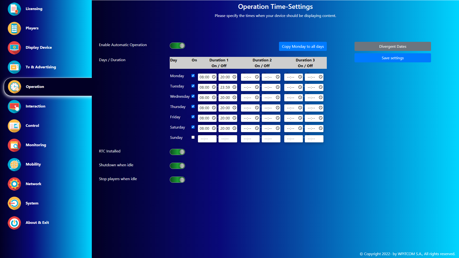 WPITCOM Signage Suite 3 - Ein- und Ausschaltzeiten für System und Bildschirme
